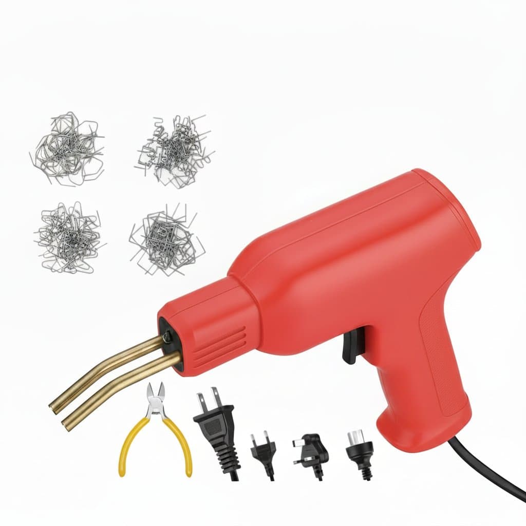 50W Plastic Welding Machine Kit with heat gun, 200 staples, and tools for automotive bumper repair and plastic maintenance.
