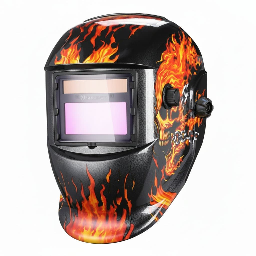 SAFEUP Professional Auto Darkening Welding Helmet with True Color lens for MMA, MIG, and arc welding, shown on a workbench.