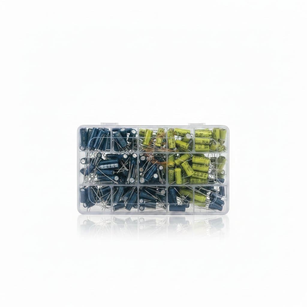 100uF 50V aluminum electrolytic capacitor radial type, 6x11mm size, pack of 50 pieces for electronic circuit board projects.