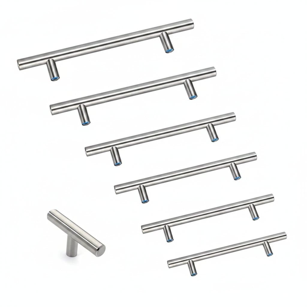 Silver stainless steel hollow T-shaped handle for single-hole mounting. Designed for long wardrobe doors, cabinets, and furniture drawers.