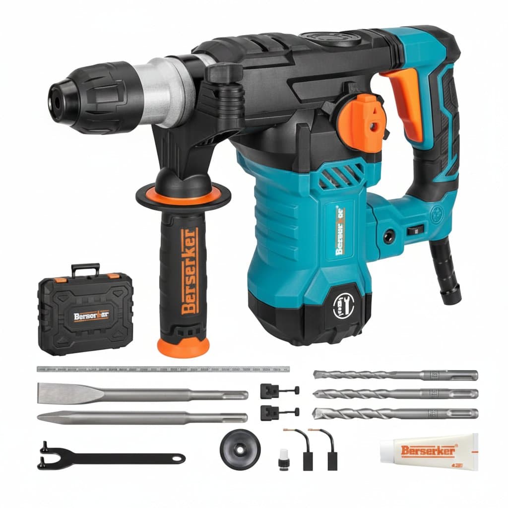 12.5 Amp SDS-Plus Rotary Hammer Drill with vibration control and 4 functions, shown on a workbench with a drill bit.