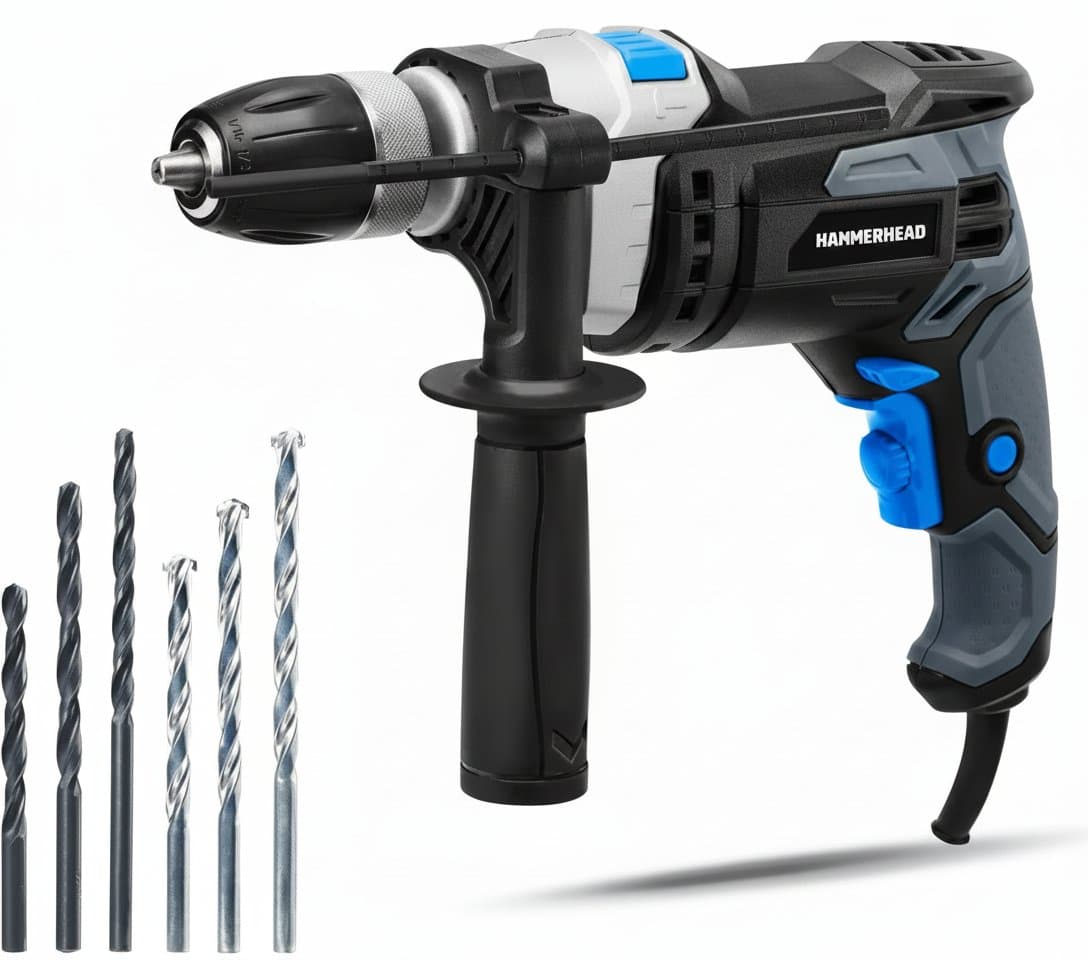 7.5-Amp 1/2 Inch Variable Speed Hammer Drill with 6 bits, a heavy-duty power tool for concrete and masonry DIY projects.