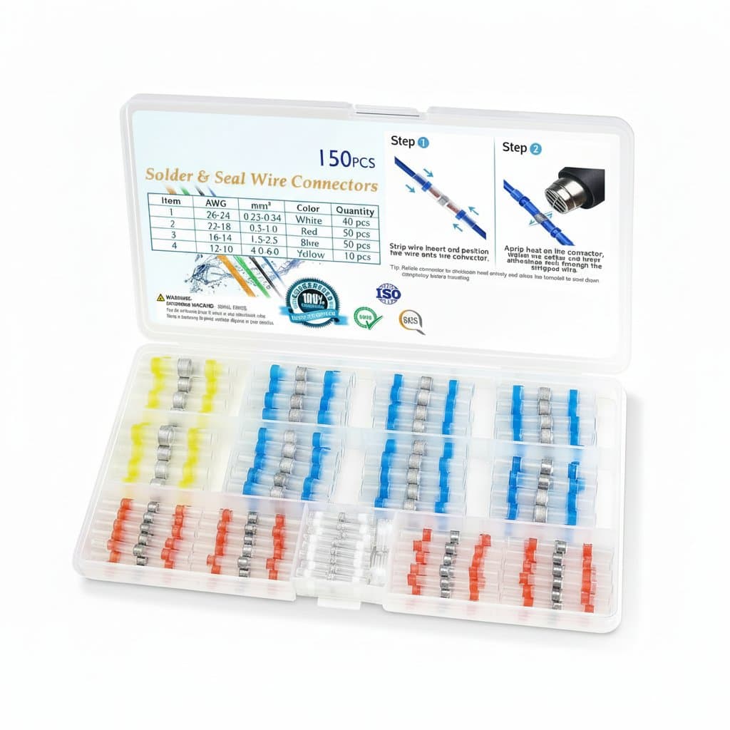 Waterproof solder seal wire connectors kit with 100 to 300 pieces, featuring heat shrink tubing and pre-installed solder for insulated electrical connections.