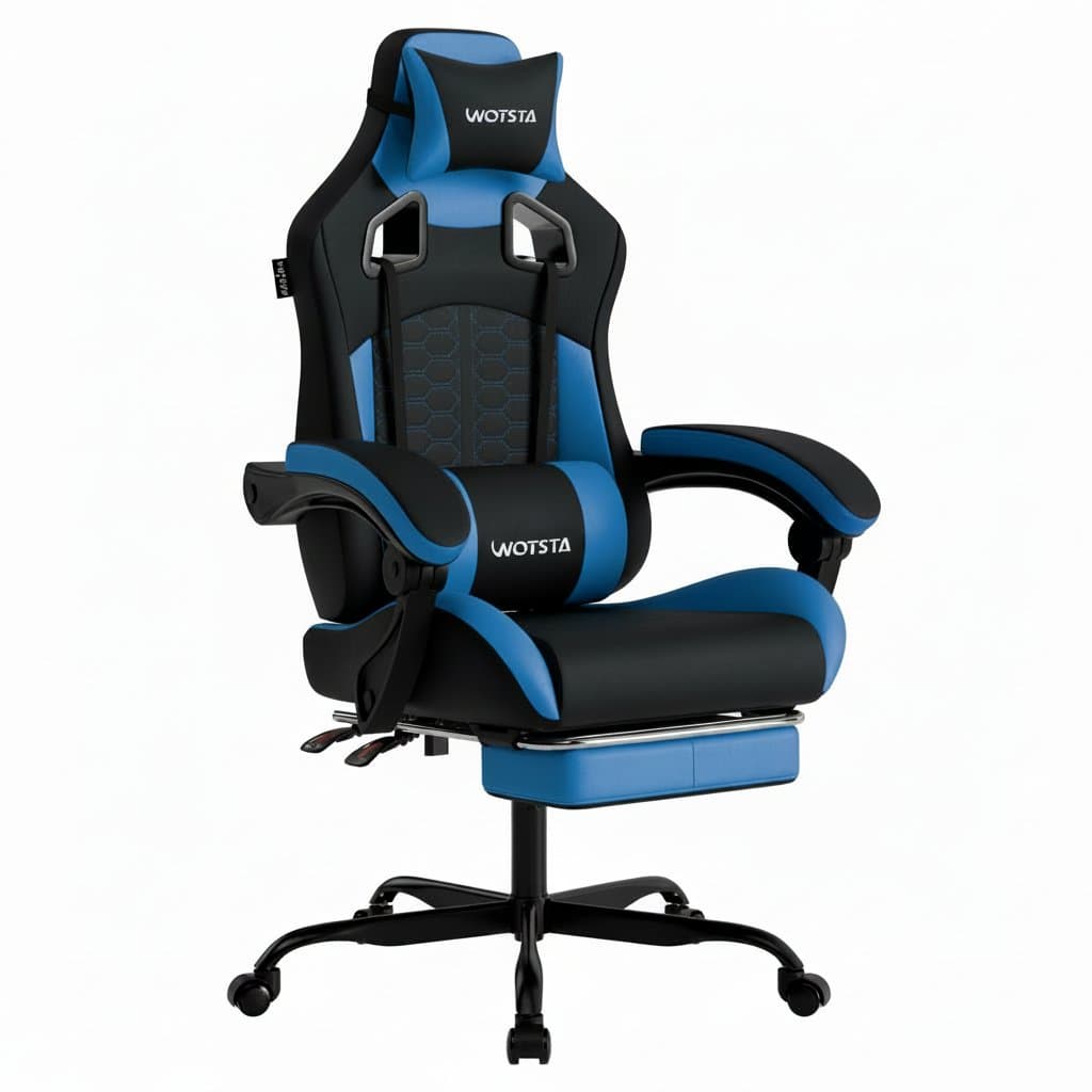 WOTSTA ergonomic gaming chair with footrest, included lumbar cushion, headrest, and height adjustment for computer or office use.