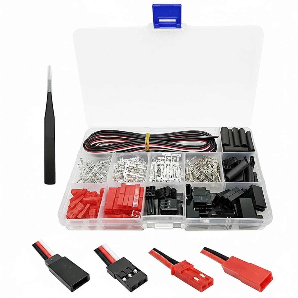 400-piece JR JST SYP Futaba connector kit with 2-pin and 3-pin male and female plugs for drones, RC aircraft, and battery wiring.
