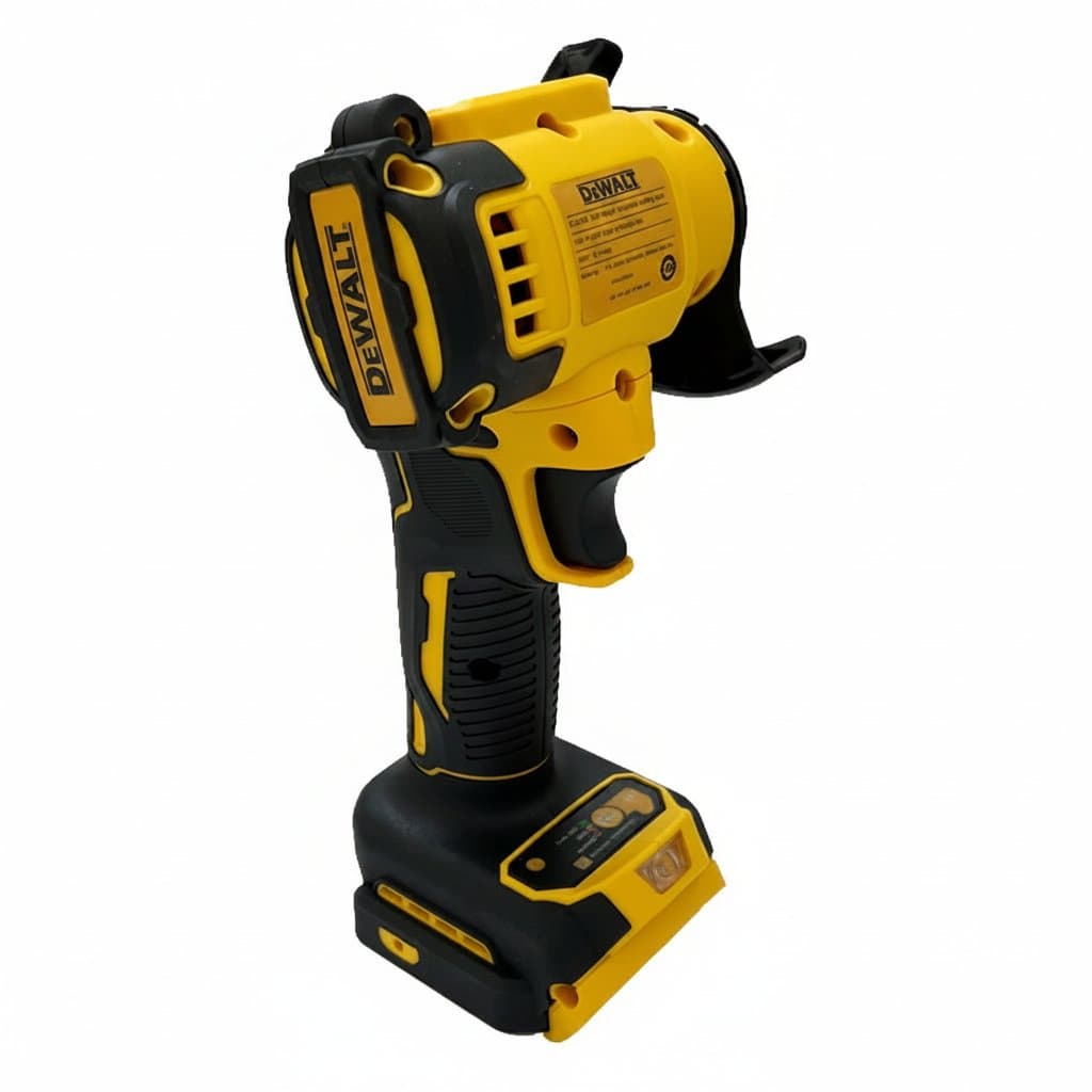 DEWALT cordless angle grinder with diamond cutting blade, shown on a workbench ready for grinding, polishing, and cutting tasks.