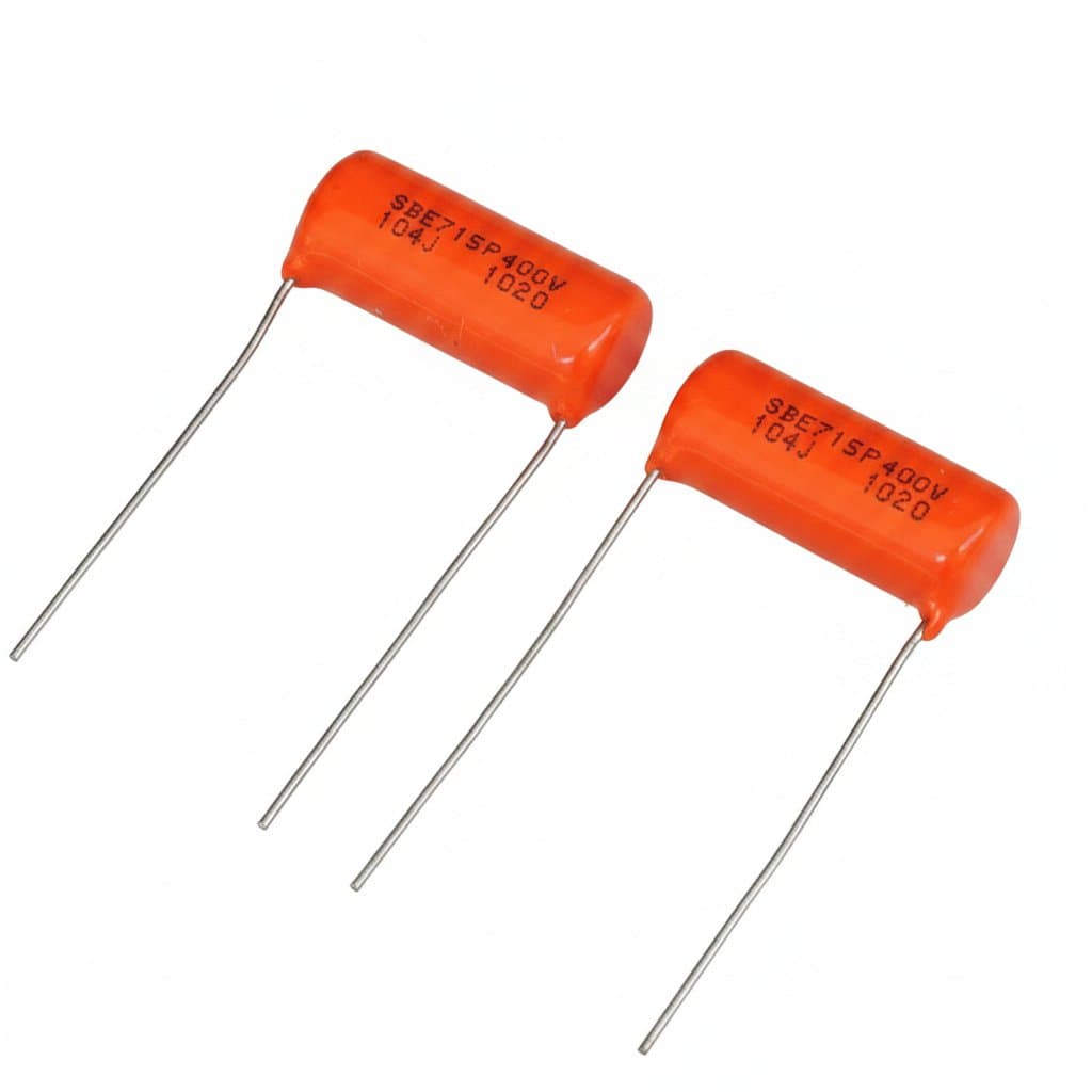 SPRAGUE 715P 0.1uF 400V Orange Drop film capacitor for Hi-Fi audio, showing gold leads and 104J 5% tolerance label.