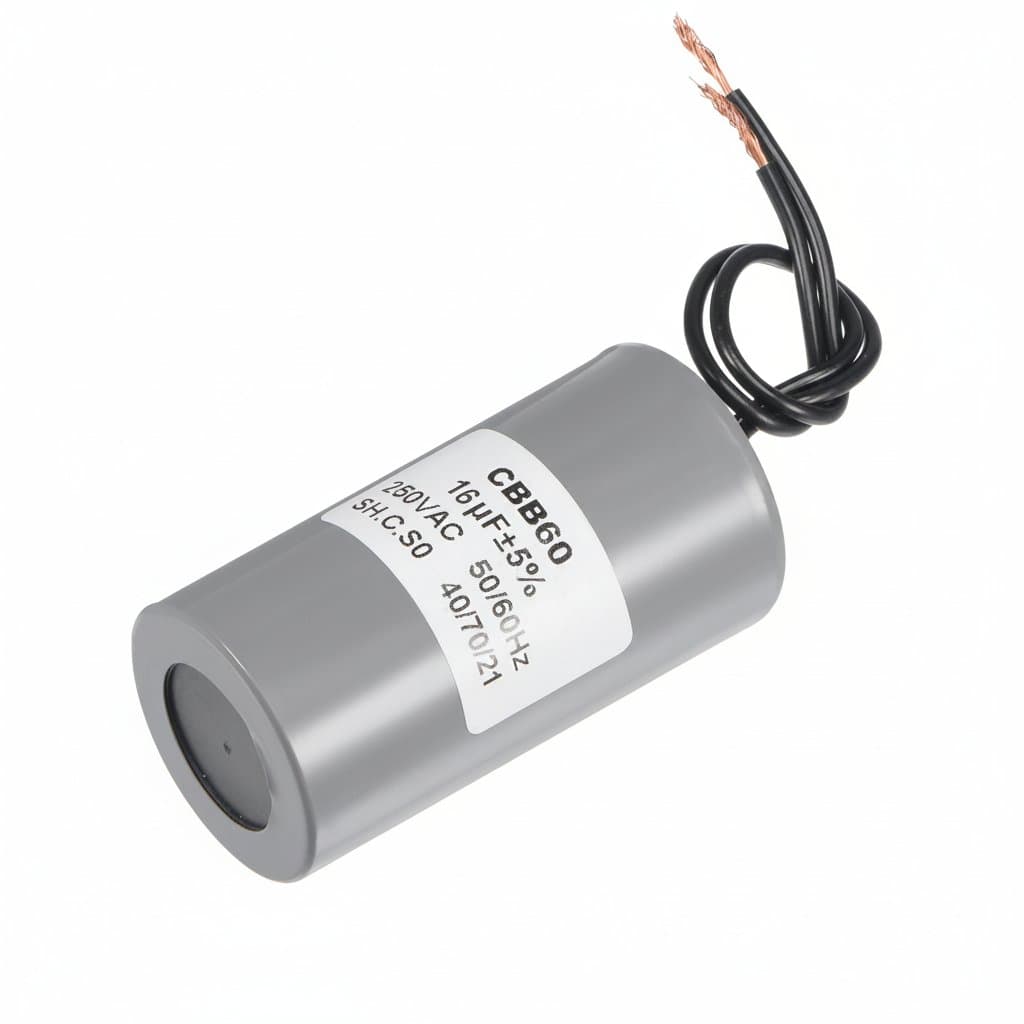 CBB60 16uF 250V AC motor run capacitor with two wires, cylindrical metal casing measuring 75x38mm for air compressor and water pump motors.