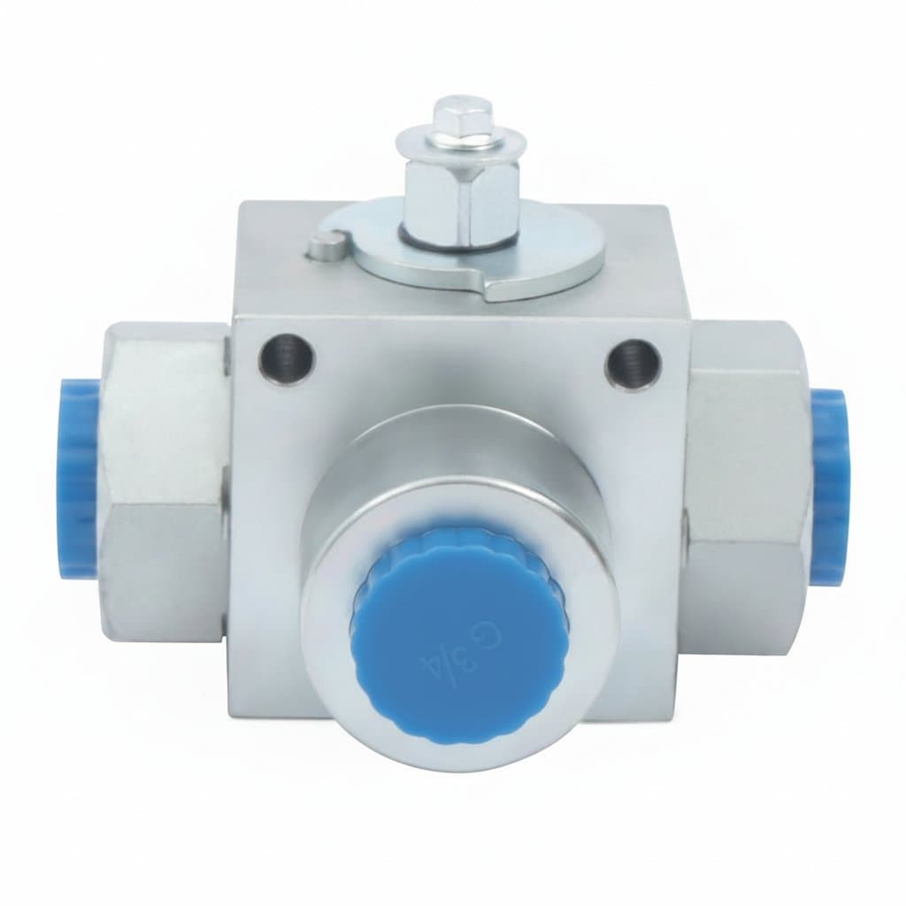 3/4 inch NPT female 3-way hydraulic ball valve with L-bore porting, rated for 5800 PSI high pressure industrial applications.