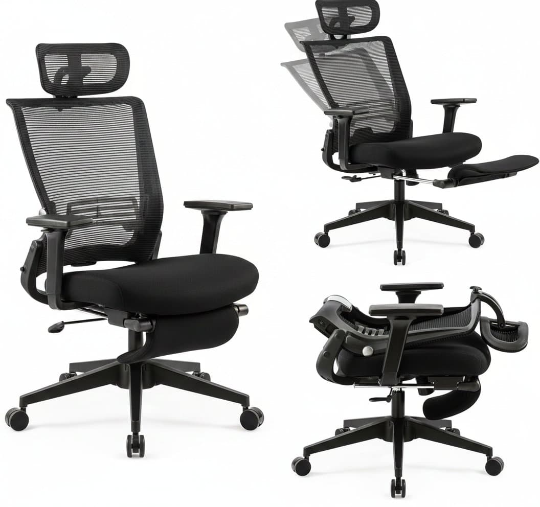 Foldable ergonomic office chair featuring adjustable lumbar support, headrest, armrests, and integrated footrest for home office comfort.