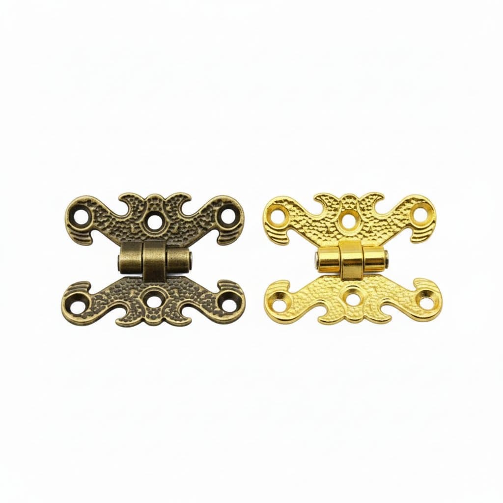 Two decorative bronze or gold-finished hinges for wooden gift boxes, wine cases, or jewelry chests, supplied with screws.