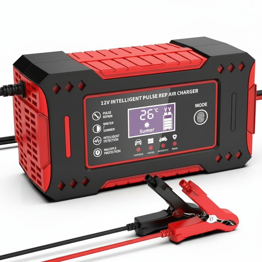 Intelligent 12V 6A car battery charger with an LCD display, ideal for repairing and charging vehicle lead-acid batteries.