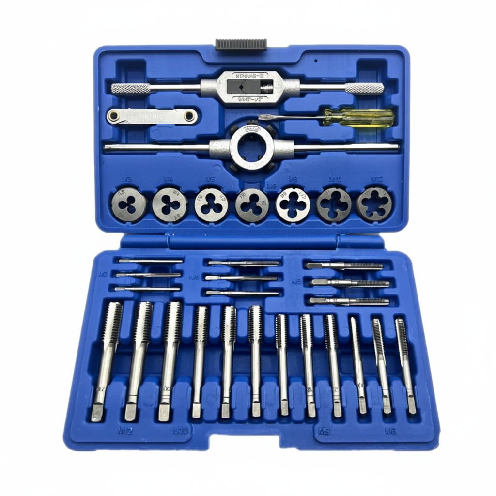 Premium 32-piece HSS tap and die set for metric threading from M3 to M12, with tungsten carbide wrench and storage case.