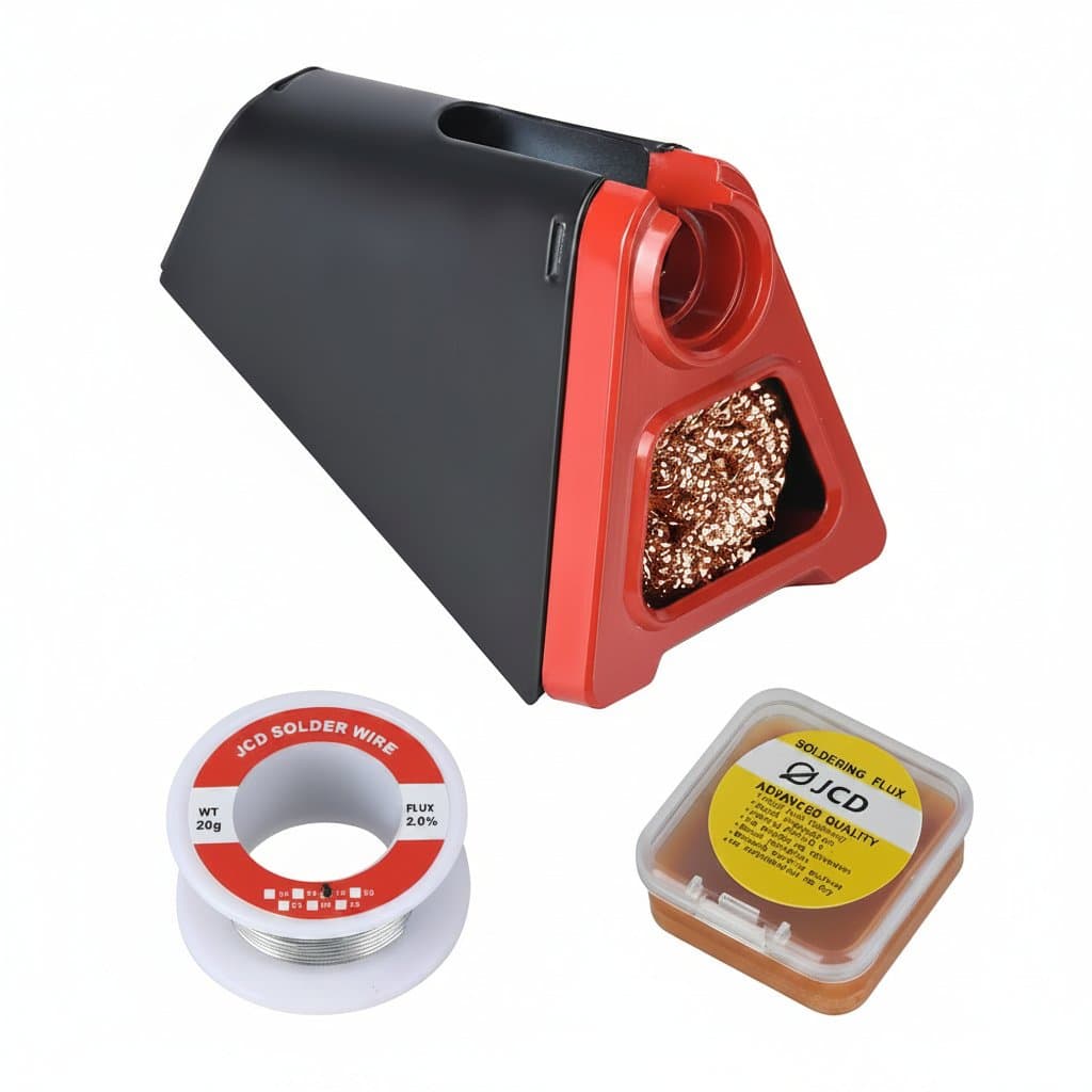 JCD 820 aluminum alloy soldering iron stand with brass cleaning coil, sponge tray, and holder for solder wire and flux.