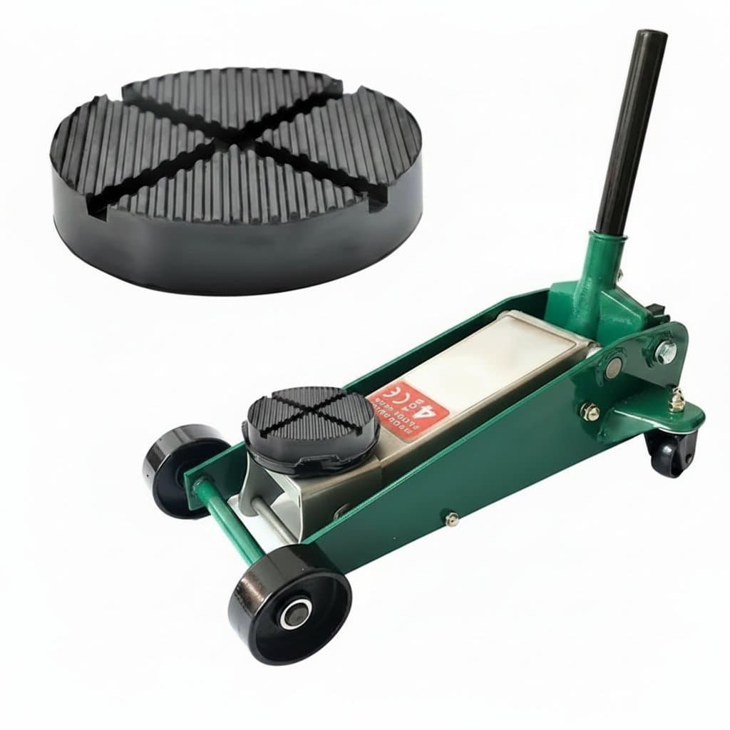 Universal rubber jack pad adapter for safe car lifting, featuring a slotted design to securely fit vehicle pinch welds and frame rails during repair.