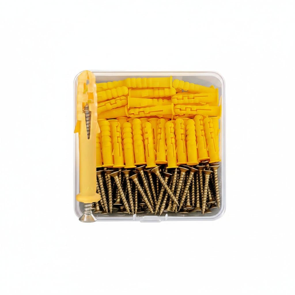 Kit of 50 or 100 sets of metal self-drilling screws with ribbed drywall anchors, combining screws and expansion bolts for wall mounting.