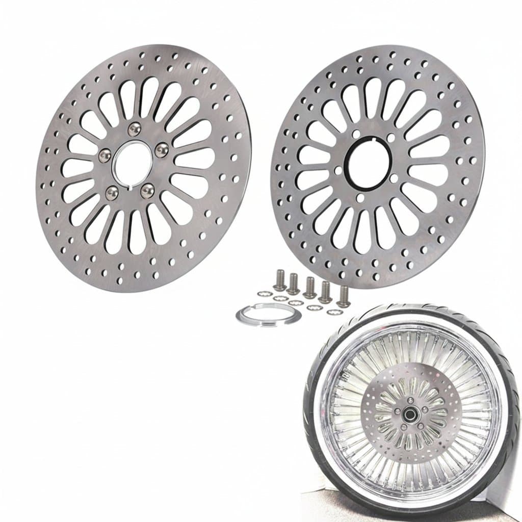 A high-performance stainless steel motorcycle front brake rotor, designed for Harley Touring, Softail, Sportster, and Dyna models.