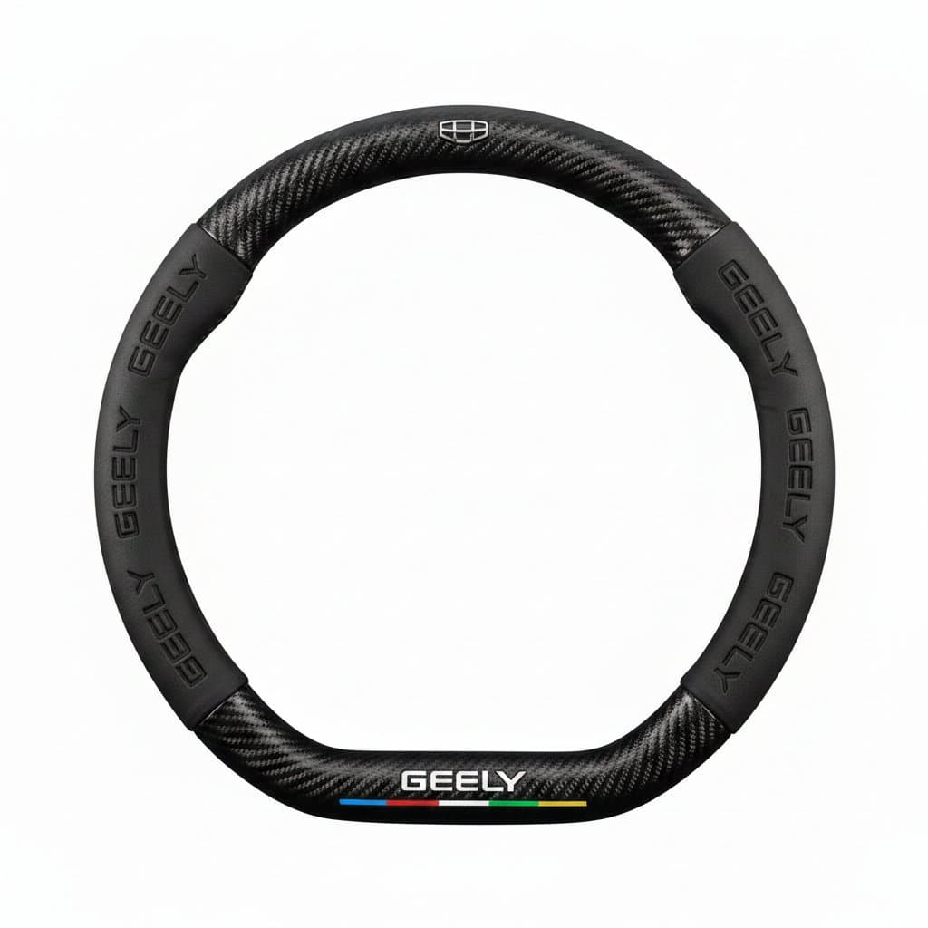 A carbon fiber suede car steering wheel cover suitable for Geely Monjaro, Coolray, Tugella, and other models, offering style and grip.