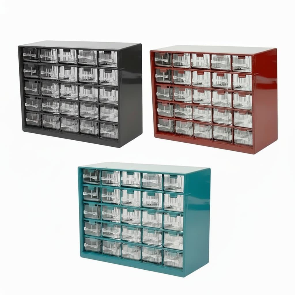 25-drawer multi-grid wall-mounted parts box for screw classification, electronic components, and small hardware storage.