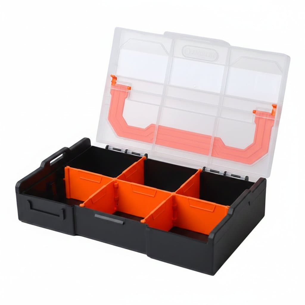 A multi-grid plastic tool box with compartments for screws and electronic components, designed for garage organization and parts storage.