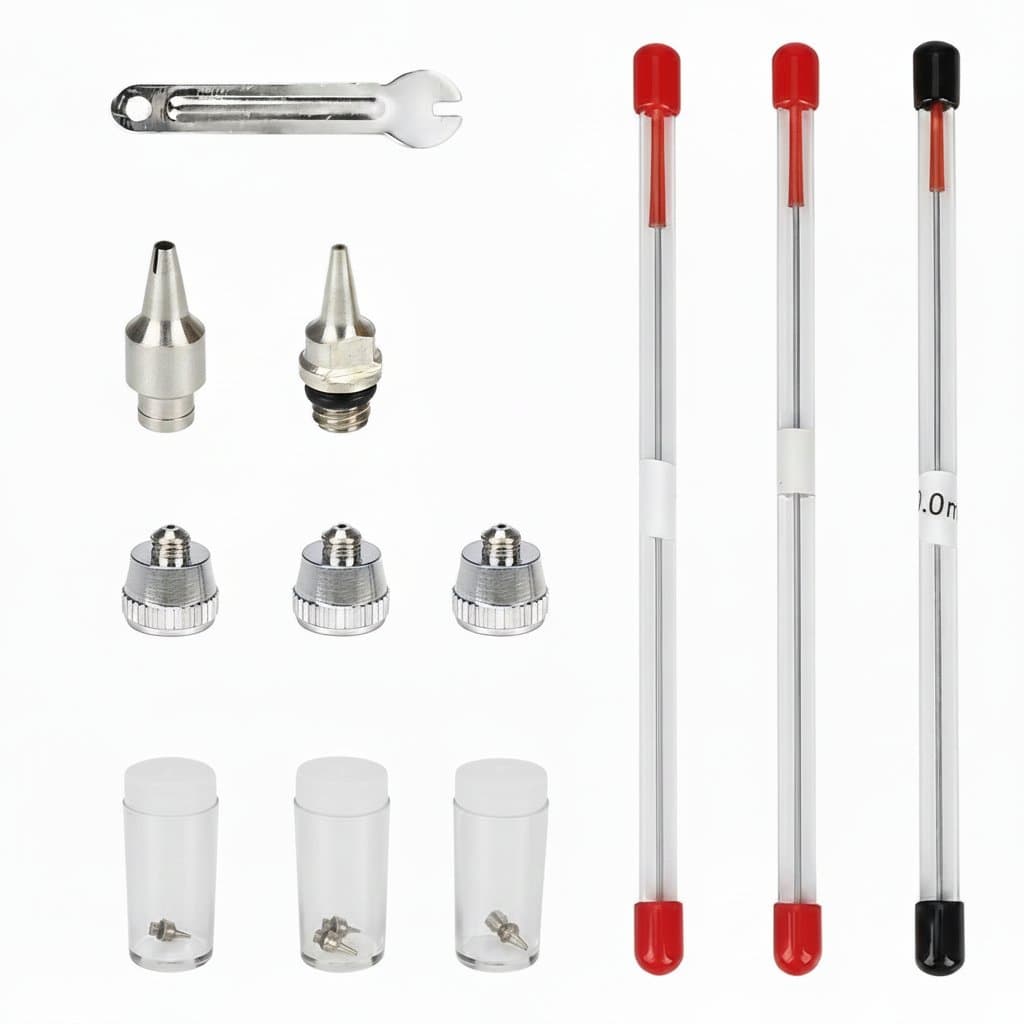 Set of three airbrush nozzle needles in sizes 0.2mm, 0.3mm, and 0.5mm for spray gun replacement and maintenance.