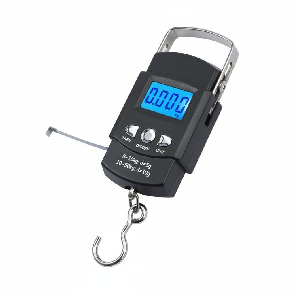 Portable LCD electronic hand scale with retractable measuring tape, accurately weighs up to 50kg and measures lengths up to 100cm for travel and home use.