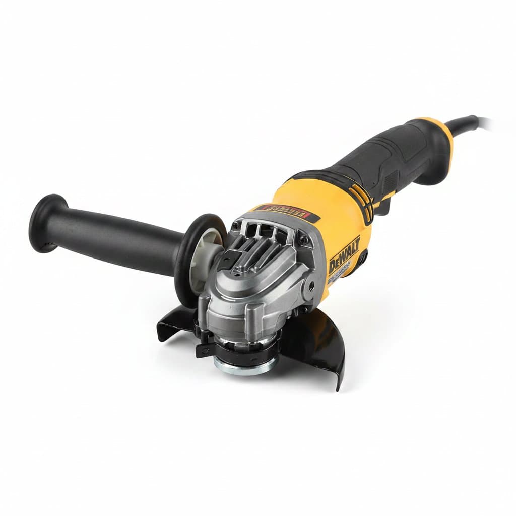 Dewalt DCG414 brushless angle grinder, a 125mm power tool for cutting metal, wood, and pipe, plus polishing tasks.
