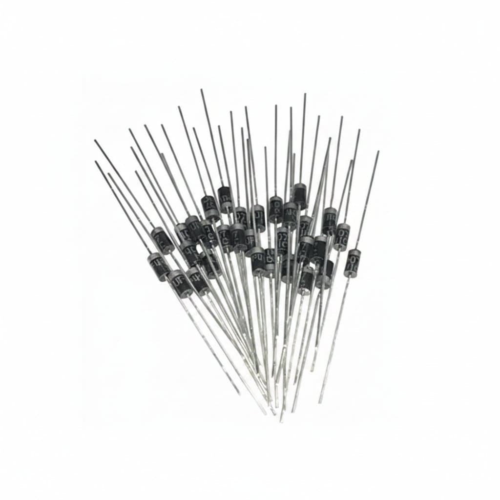 50-pack of 1N4002 1A 100V rectifier diodes in DO-41 package, displayed on a white background for electronic projects.