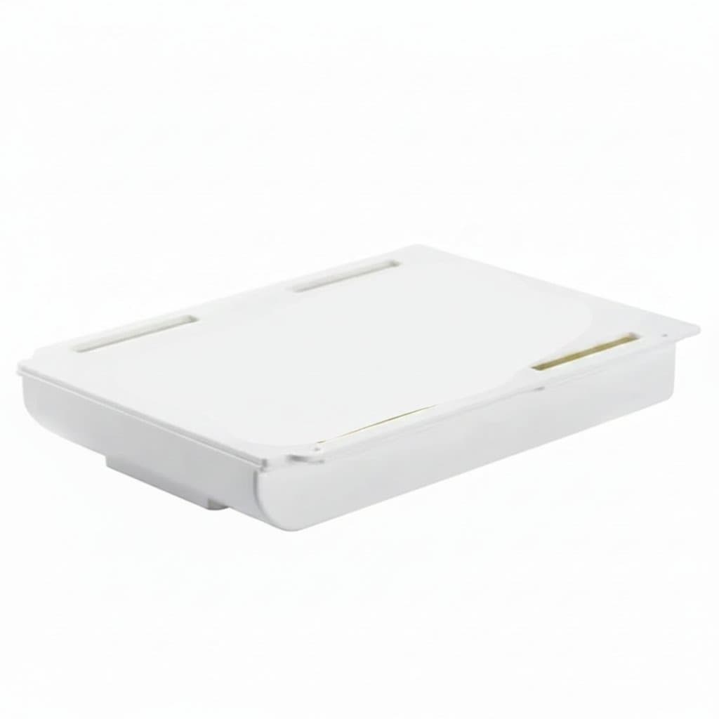A white self-adhesive under-drawer storage box designed as a hidden organizer for makeup, pencils, and small desk items.