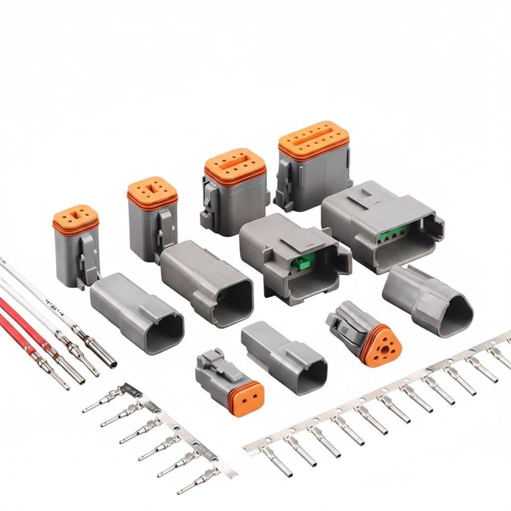 Deutsch DT automotive connector kit with 5, 10, or 20 sets of waterproof DTM, DTP, DT15, and DT13 sealed plugs and sockets.