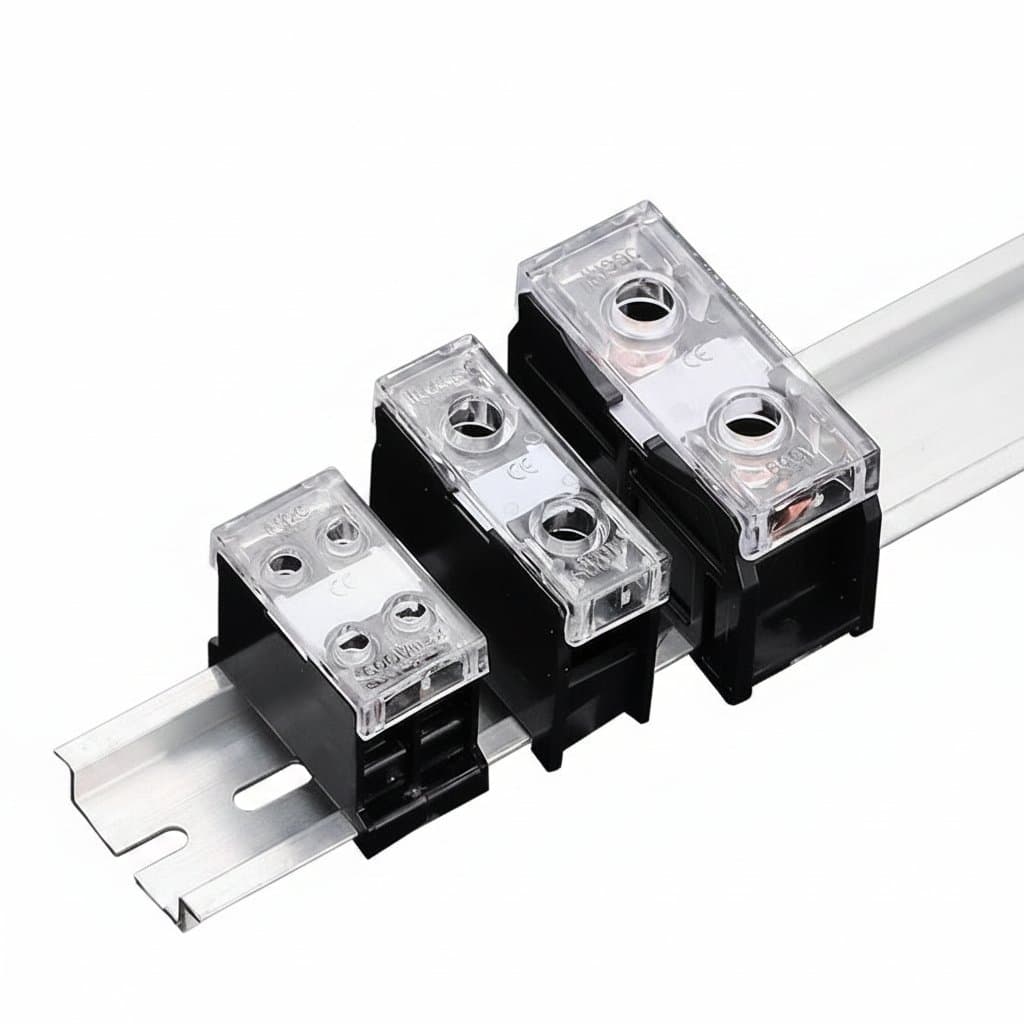DIN rail mounted terminal block with 2 and 3 poles for high current 30A/60A electrical connections, 600V rating in black housing.