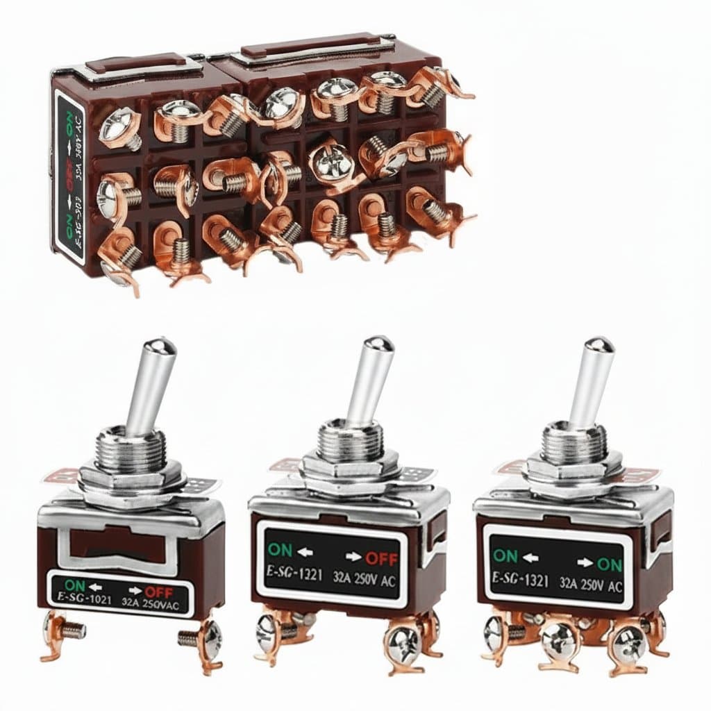 Self-lock rocker toggle switch with brass screw terminals, rated for 32A 250VAC high-current industrial power applications.