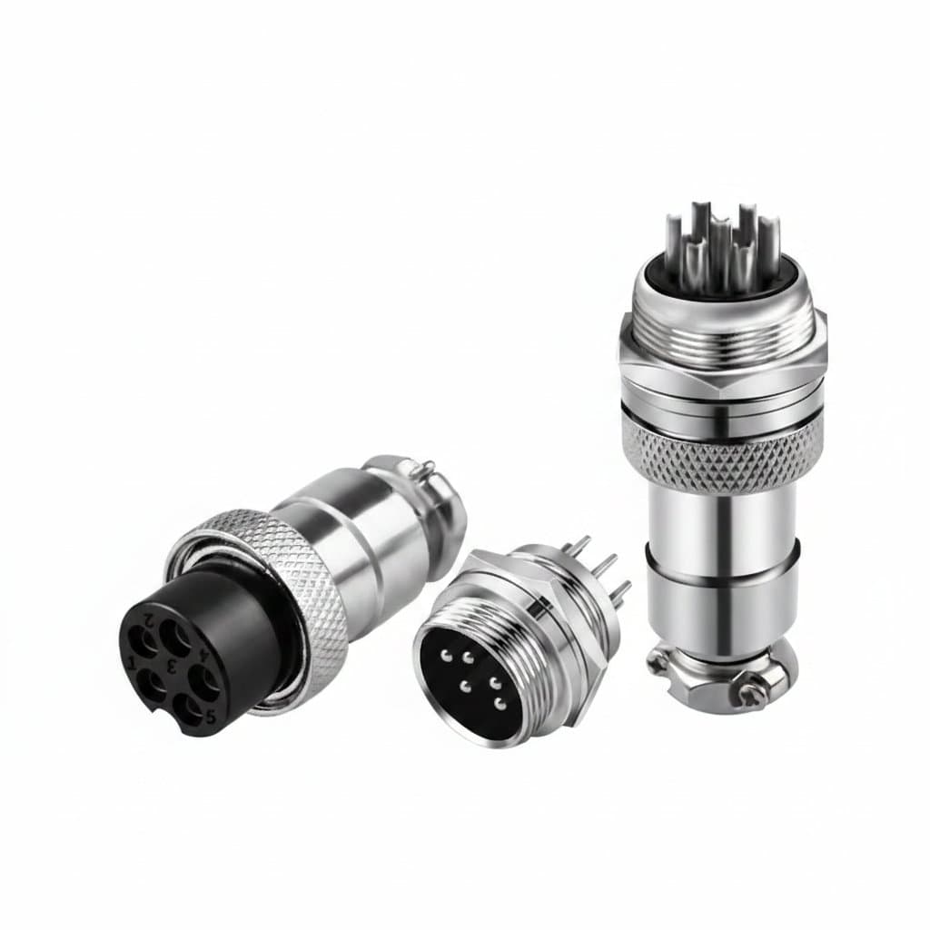 GX12 GX16 GX20 aviation plug connector set with male and female panel mount sockets in multiple pin configurations from 2 to 15 pins.