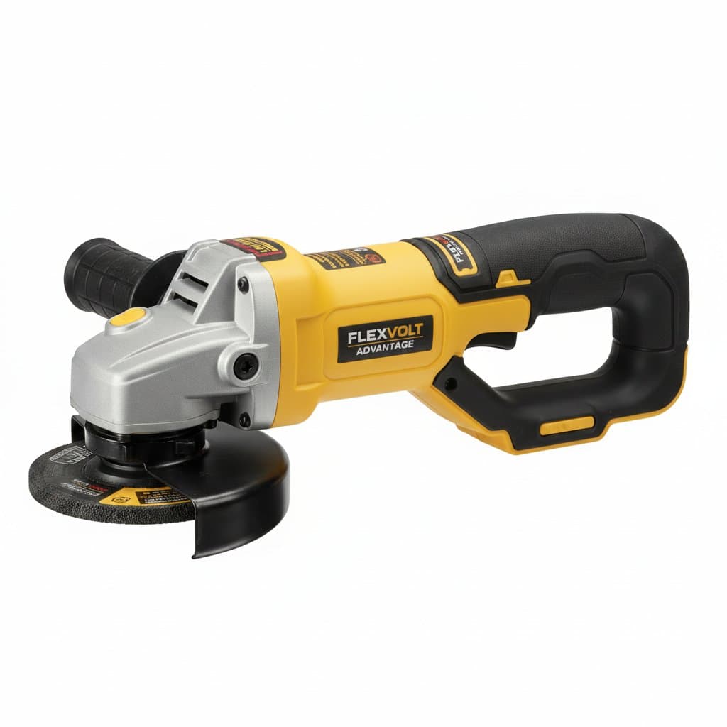 DEWALT DCG409 Cordless Angle Grinder with 20V battery, brushless motor, and 125mm disc for cutting and polishing.
