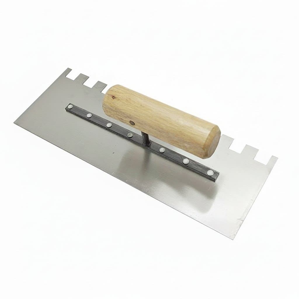 Right side 20mm square teeth putty knife with serrated trowel blade and comfortable wooden handle for construction and drywall.