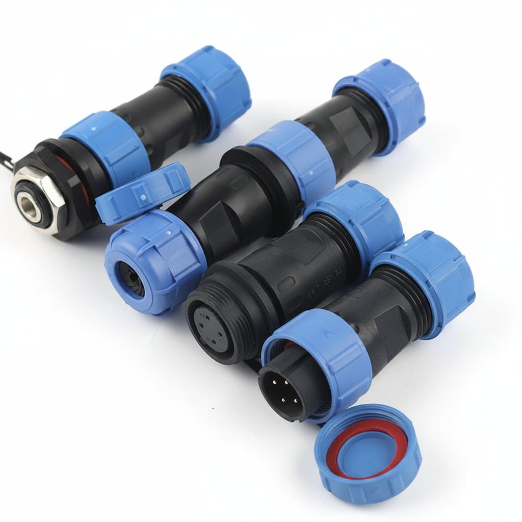 SP17 IP68 waterproof welding connector for 5-10mm cable, showing male and female butt plug socket with nut for secure electrical wire connection.