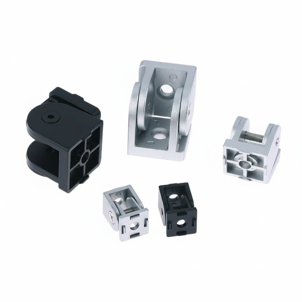 Zinc alloy hinge connector for 2020, 3030, and 4040 series aluminum profiles with angle adjustment.