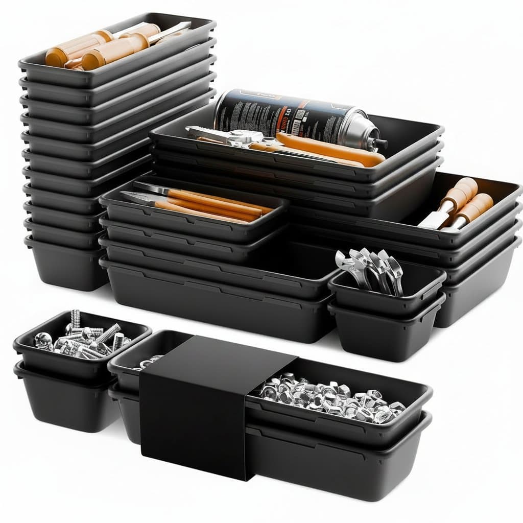 Updated interlocking shallow tool organizer trays with dividers, designed for drawer storage and toolbox compartment organization.