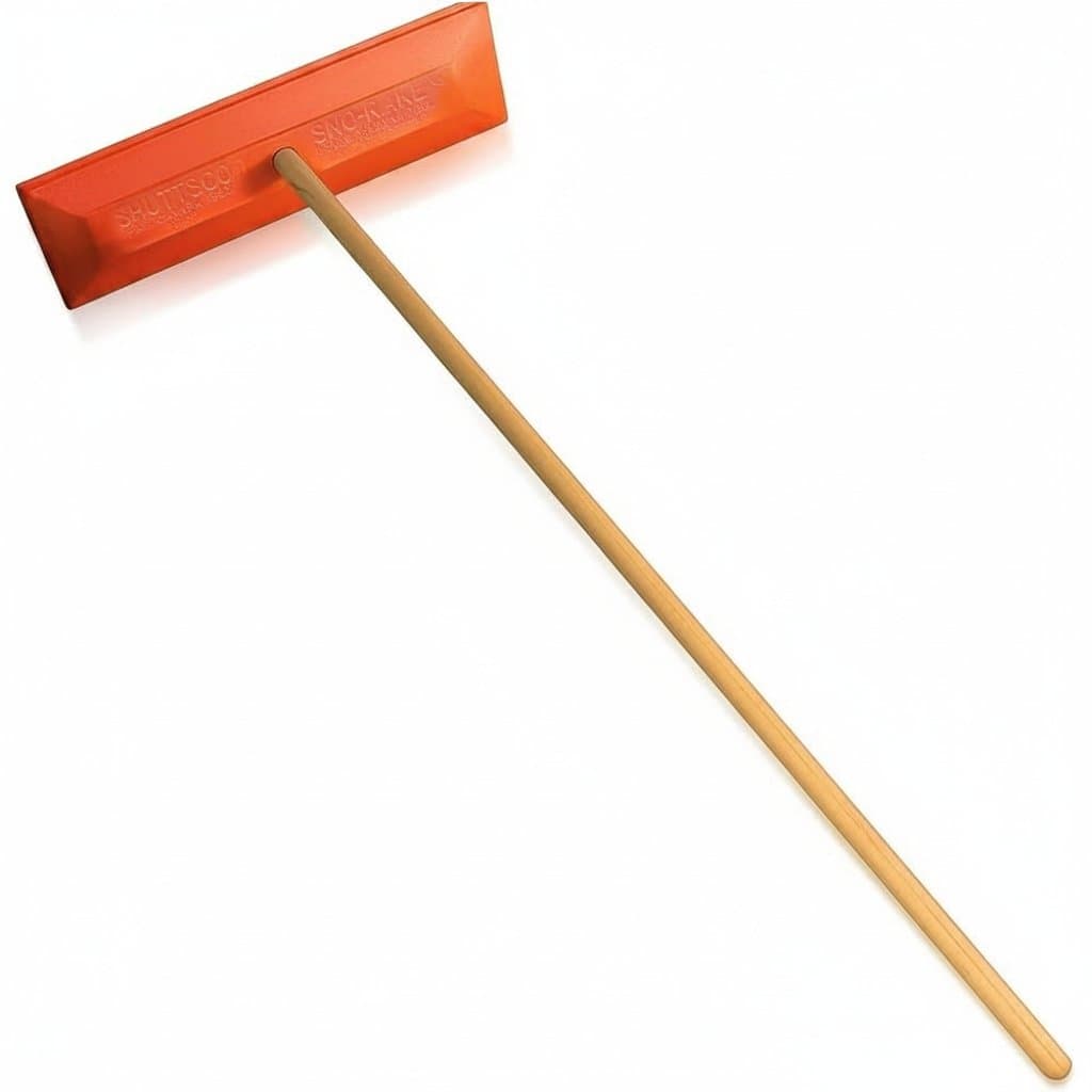 48-inch snow rake with a wooden handle and 18 vinyl-coated, non-abrasive tines, designed for freeze-resistant vehicle and dealership snow removal.
