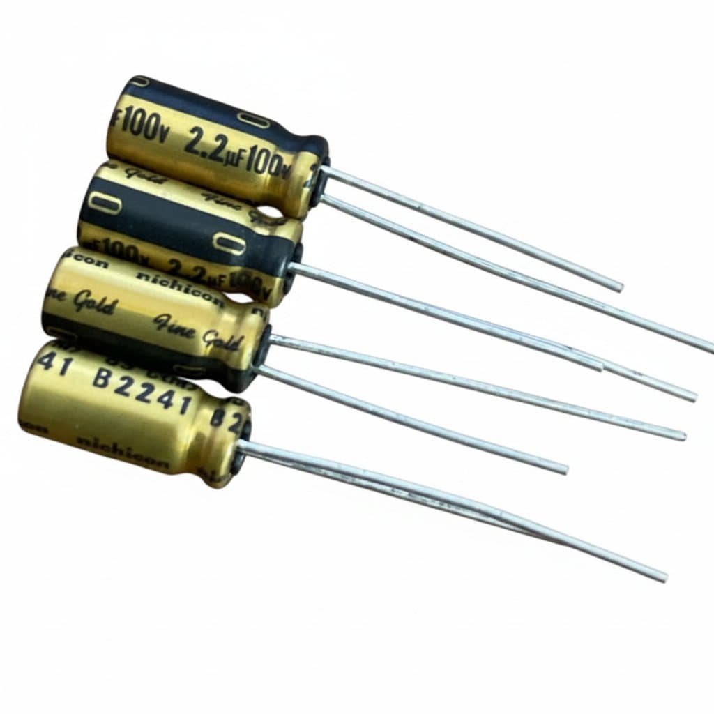 10PCS 2.2UF 100V capacitors with fine gold copper feet, 5x11mm radial electrolytic components for audio and electronic circuits.