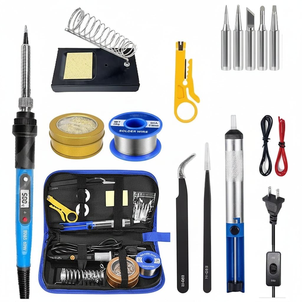 80W adjustable temperature electric soldering iron kit with welding gun, heat pencil, and replaceable tips for electronics repair.