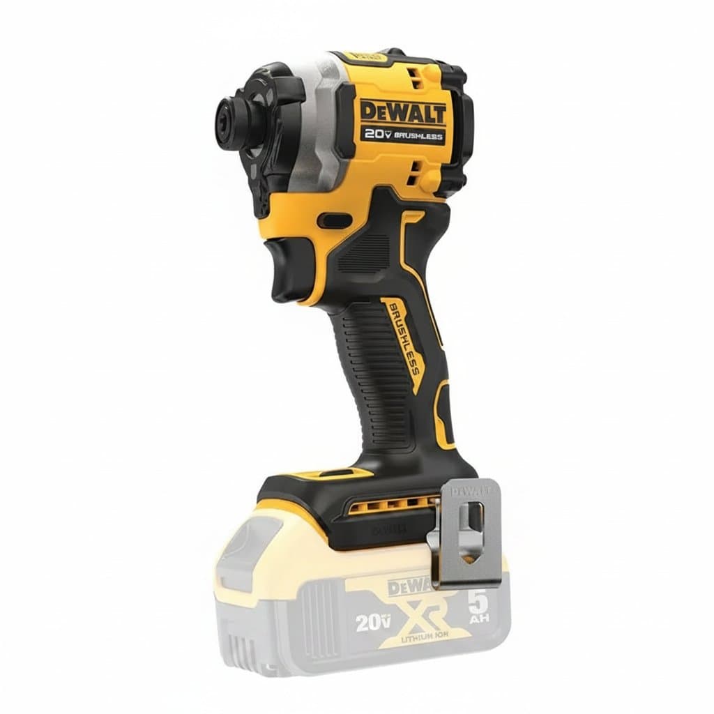 DEWALT DCF850N 18V/20V Brushless Impact Driver with 205NM torque, compact design, and rechargeable battery for power tool tasks.