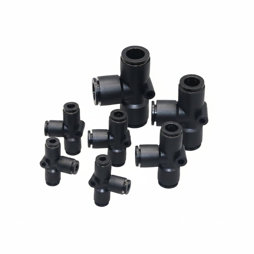 Black T-type pneumatic air tee connector for 4mm to 12mm tubing, a plastic quick-connect fitting for pneumatic systems.