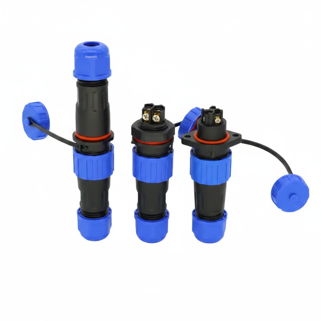 IP68 rated waterproof electrical connector plug with back nut and docking flange, available in 2, 3, and 4 pin configurations for screw crimping.