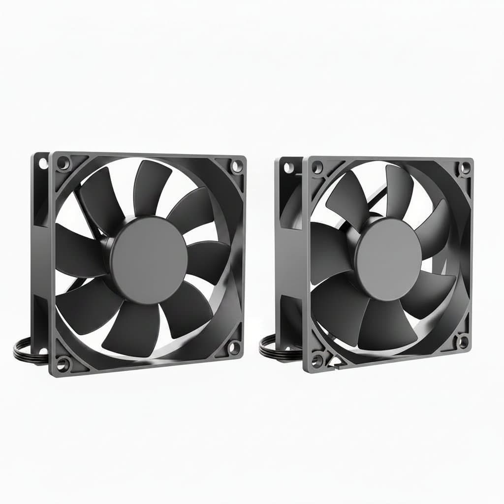 YOUNUON 90mm DC brushless cooling fan with black frame and clear blades, compatible with 5V, 12V, and 24V power supplies for PC case or laptop cooling.