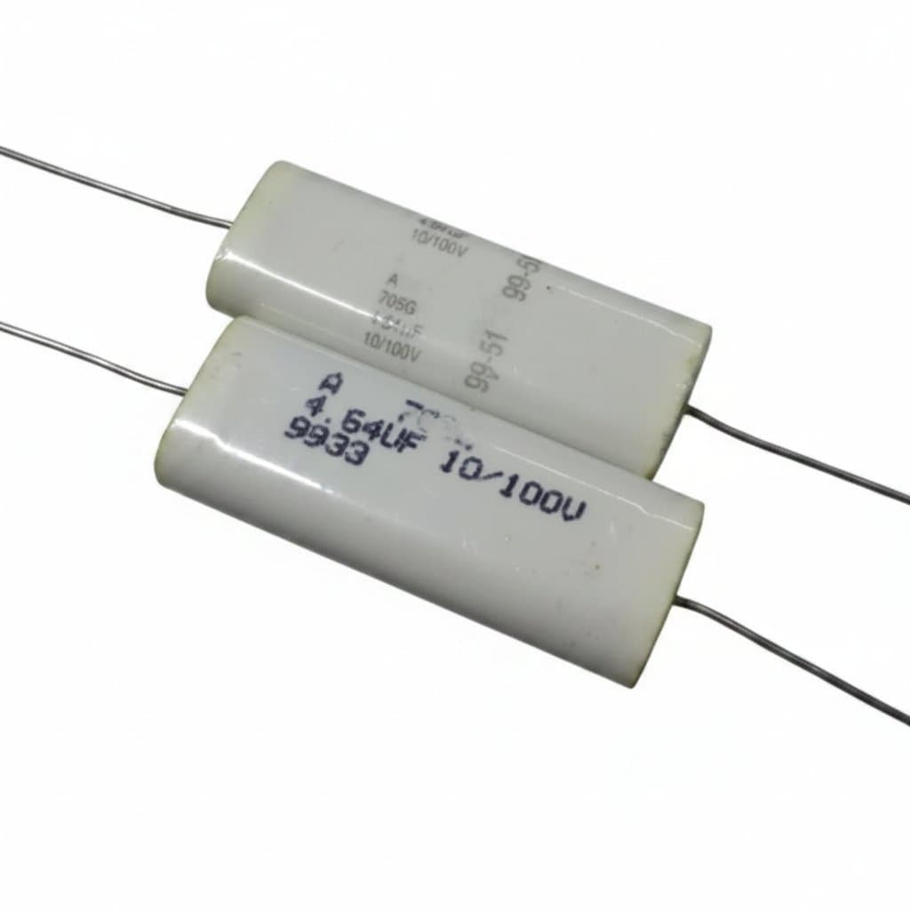 AEROVOX 4.64uf 100v axial film capacitor replacement for 4.7uf, showing orange epoxy coating and clear printed specifications.
