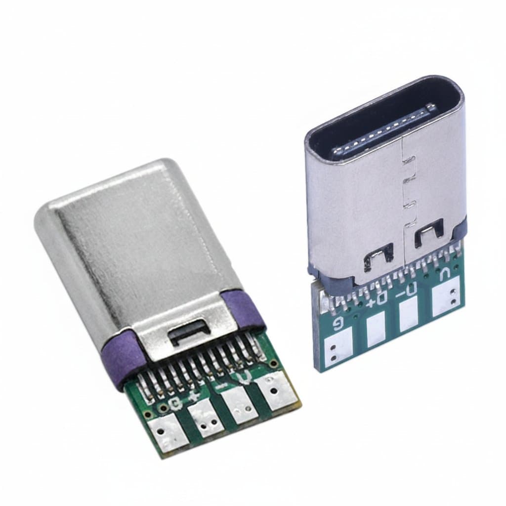USB 3.1 Type C male and female connector set for DIY cable assembly, featuring 5A high-current terminals and PCB mounting support.