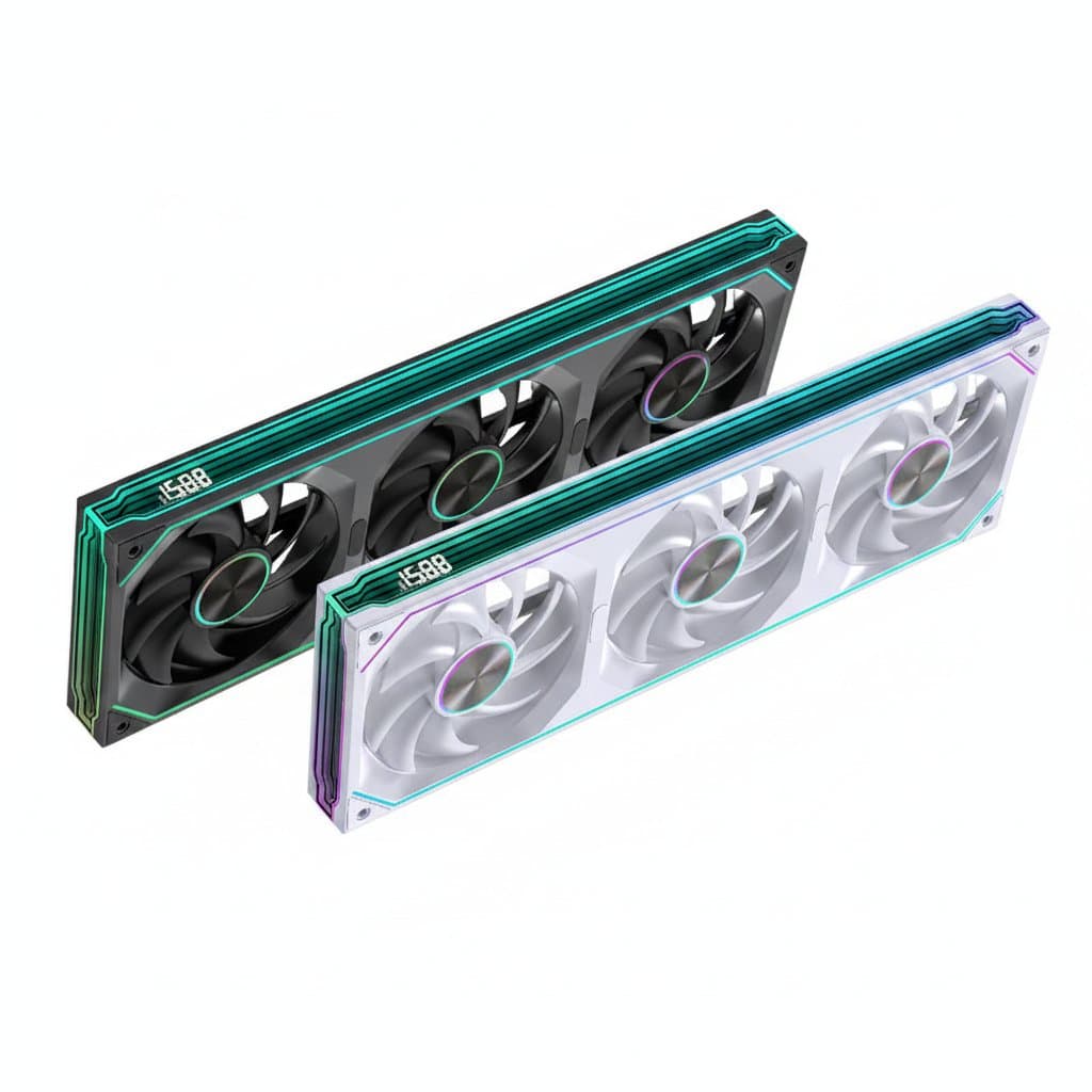 LOVINGCOOL Coherent Pro-360 ARGB PC case fan with digital display, showing integrated Siamese building block design and colorful lighting.