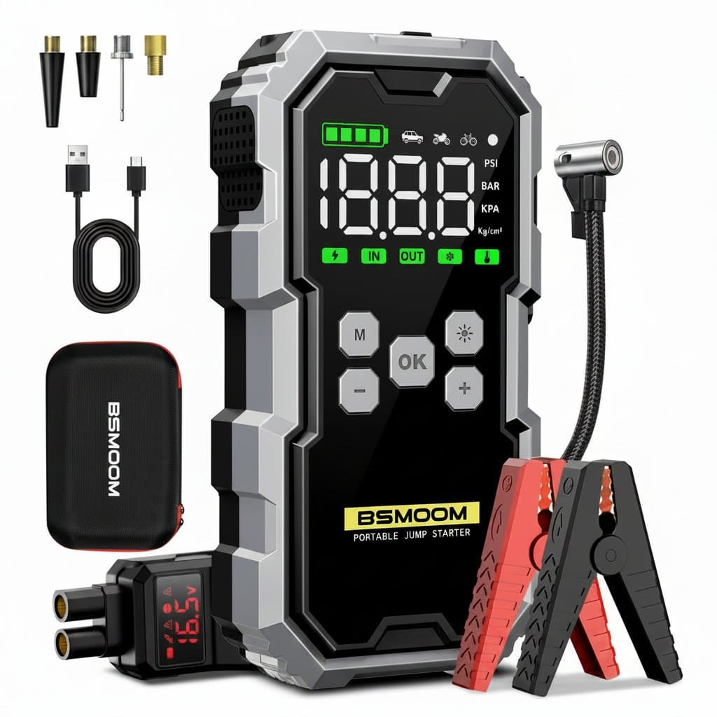 A portable car jump starter with an air compressor and LCD screen, functioning as a remote car starter.