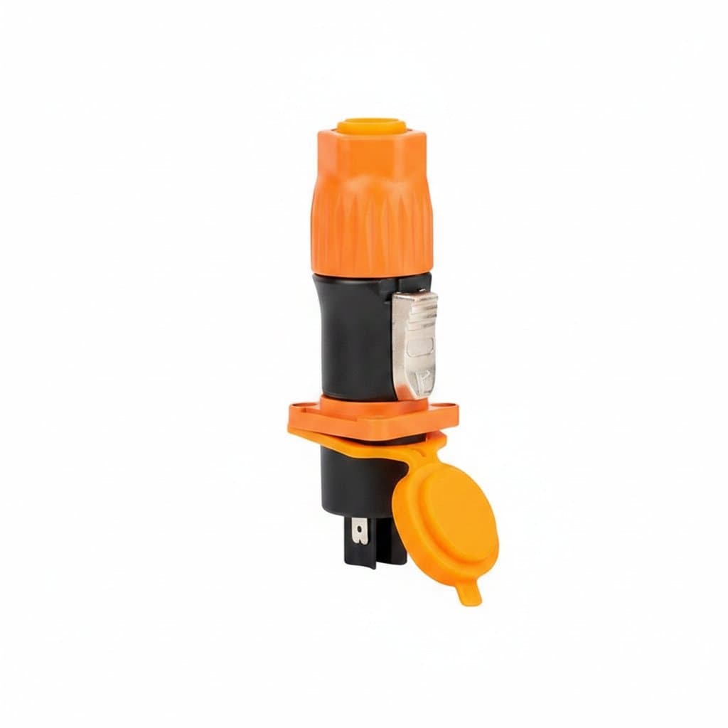 Orange IP65 waterproof 3-pin aviation plug and socket set, 20A power connector for stage lighting and LED displays.